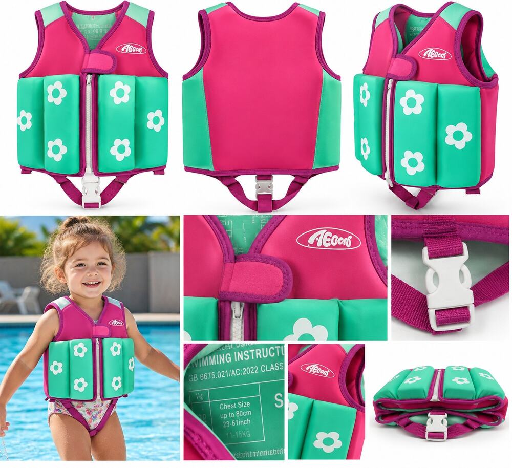 Kids Swim Trainer Float Vest – Pink & Mint Green Floral – Size Small